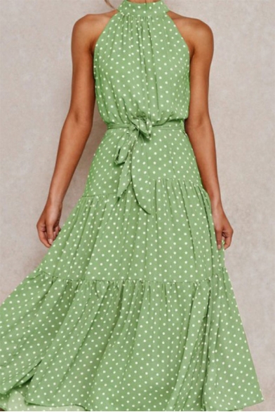 Popular Womens Polka Dot Print Sleeveless Halter Bow Tie Waist Ruffled Long Pleated A-line Dress in Green