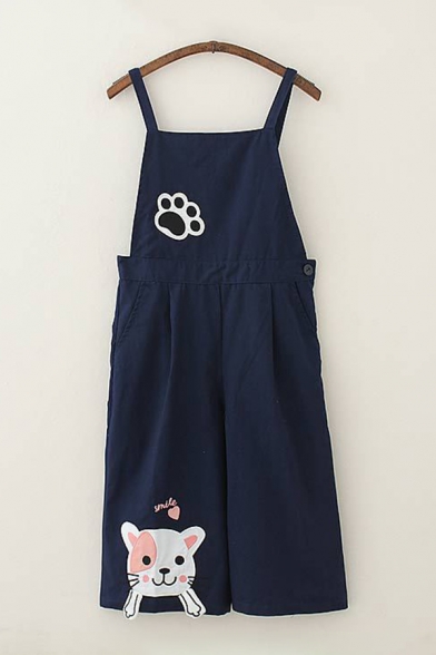 Preppy Girls Cartoon Cat Paw Embroidered Ankle Length Wide-leg Suspender Pants