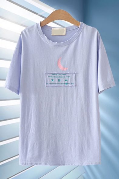 Preppy Girls Letter Moon Graphic Patched Short Sleeve Round Neck Relaxed Tee Top
