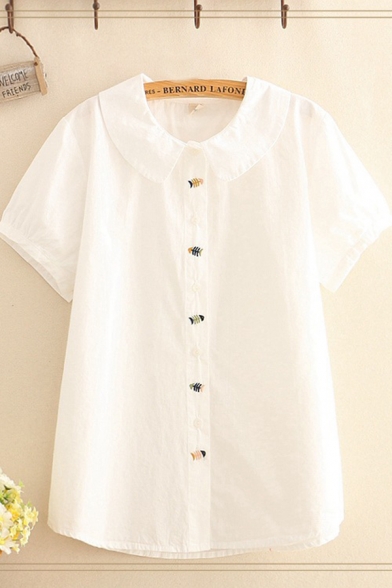 

Pretty Girls Fishbone Embroidered Short Sleeve Peter Pan Collar Button down Loose Shirt in White, LM632083