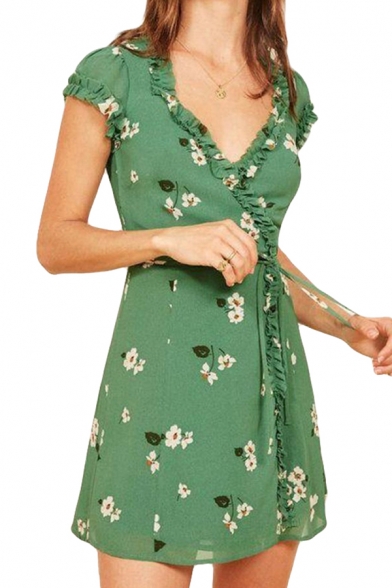 Pretty Womens Allover Floral Print Stringy Selvedge Short Sleeve Surplice Neck Bow Tied Waist Mini A-line Wrap Dress in Green