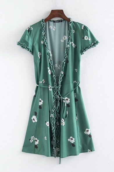 Pretty Womens Allover Floral Print Stringy Selvedge Short Sleeve Surplice Neck Bow Tied Waist Mini A-line Wrap Dress in Green