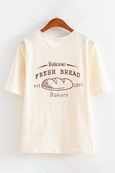 Simple Womens Letter Fresh Bread Graphic Short Sleeve Crew Neck Loose T-shirt