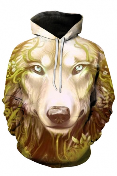 Stylish 3D Dog Tiger Pattern Pocket Drawstring Long Sleeve Regular Fitted Hooded Sweatshirt for Men