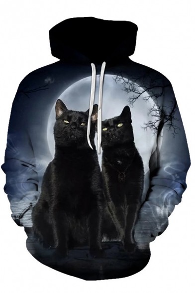 Stylish Men's Moon Cat 3D Print Pocket Drawstring Full Sleeve Loose Fit Hooded Sweatshirt