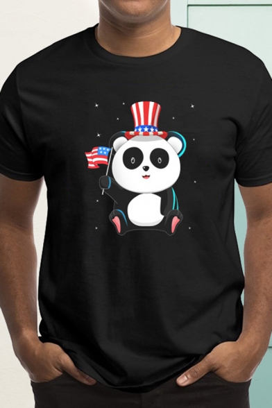 Stylish Mens Cartoon Panda Printed Short Sleeve Crew Neck Slim Fit T-shirt in Black