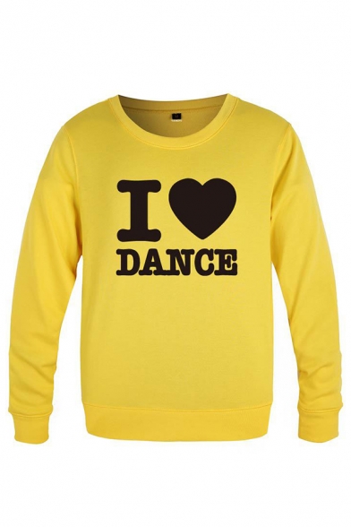 Trendy Mens Heart Letter I Love Dance Printed Long Sleeve Round Neck Regular Fitted Graphic Pullover Sweatshirt