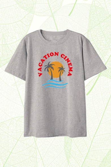 Trendy Mens Vacation Cinema Tree Graphic Short Sleeve Crew Neck Loose T Shirt