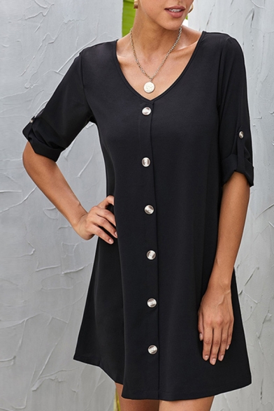 Trendy Womens Solid Color Rolled Half Sleeve V-neck Button down Mini A-line Work Dress