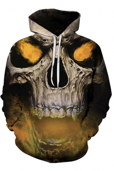 Unique Skull 3D Print Pocket Drawstring Long Sleeve Loose Fitted Hoodie for Men