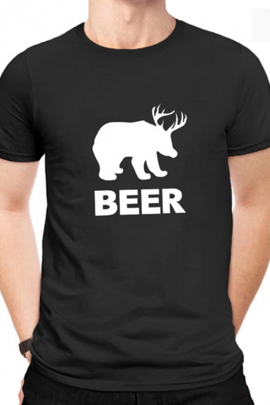 Vintage Mens Letter Beer Pattern Short Sleeve Round Neck Regular Fit Graphic T-Shirt