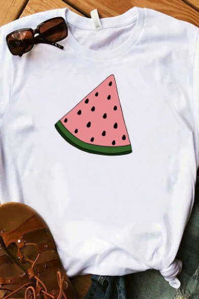 

White Chic Pineapple Watermelon Strawberry Pattern Rolled Short Sleeve Crew Neck Slim Fit T Shirt, LC638260