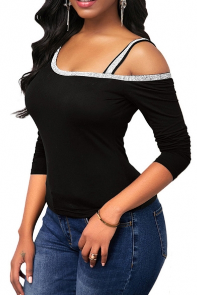 Womens Sexy Glitter Trim Long Sleeve Cold Shoulder Slim Fit T-shirt in Black