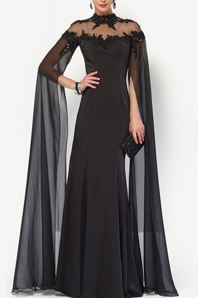 

Amazing Black Applique Sheer Mesh Patchwork Backless Maxi A-line Gown for Ladies, LM656834