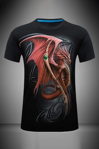 Basic Mens 3D Dragon Pattern Slim Fitted Round Neck Short Sleeve T-Shirt