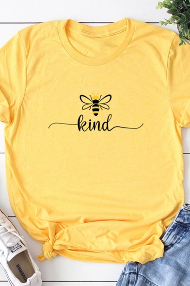 Basic Womens Cartoon Bee Letter Kind Graphic Rolled Short Sleeve Crew Neck Slim Fit Tee Top