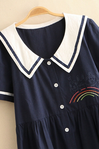 Bear Rainbow Embroidered Striped Short Sleeve Point Collar Button down Fashion Mid Pleated Swing Dress for Girls