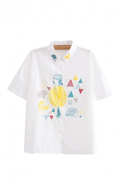 Casual Cartoon Animals Plants Printed Animals Embroidered Detail Button Up Collar Short Sleeve Loose Fit Shirt for Womens in White