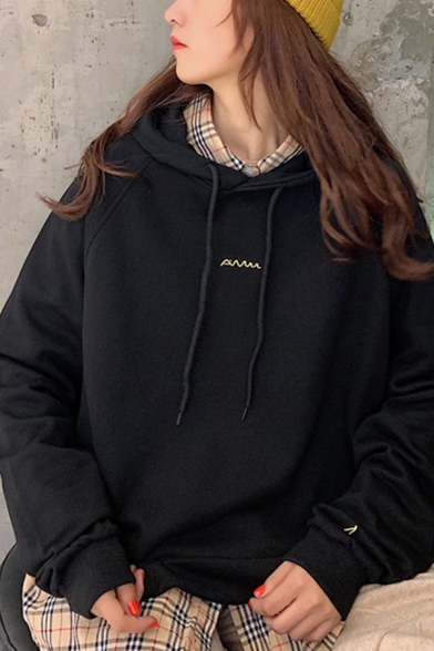 Casual Girls Letter Embroidered Long Sleeve Drawstring Loose Fit Hoodie with Pocket