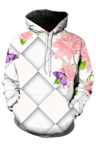 Chic Mens 3D Geometric Floral Bird Pattern Pocket Drawstring Long Sleeve Regular Fit Hooded Sweatshirt