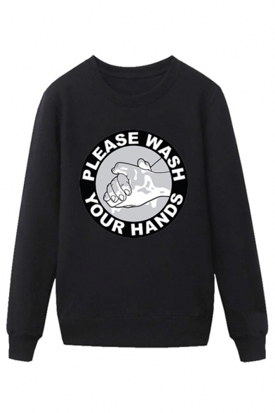 Chic Mens Hand Letter Please Wash Your Hands Printed Pullover Long Sleeve Round Neck Regular Fitted Graphic Sweatshirt