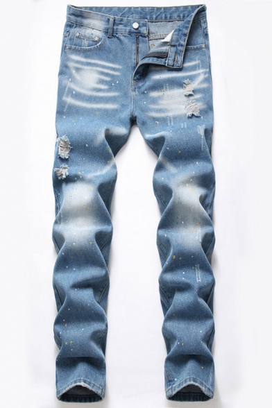 Chic Paint Splatter Light Wash Ripped Pocket Zipper Mid Rise Full Length Slim Fitted Jeans for Men