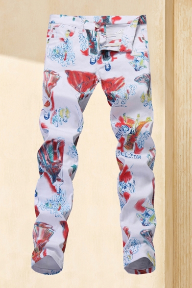 Colorful All-over Printed Zipper Fly Mid Rise Full Length Tapered Fit Pants for Men