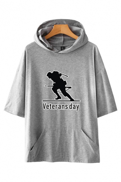 Cool Character Letter Veterans Day Printed Pocket Half Sleeve Loose Fit Hooded Tee Top for Men