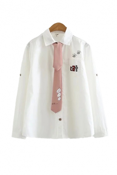 Cool Girls Letter Cat Cartoon Cat Footprint Printed Detail Button Down Tied Collar Long Sleeve Loose Fit Shirt in White