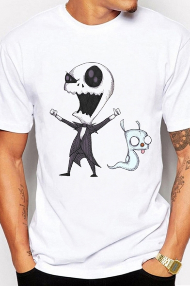 Cool T-Shirt Skull Ghost Pattern Short Sleeve Round Neck Regular Fit T-Shirt for Men