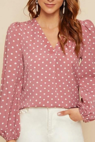 Elegant Ladies Polka Dot Print Long Sleeve V-neck Relaxed Fit Shirt Top