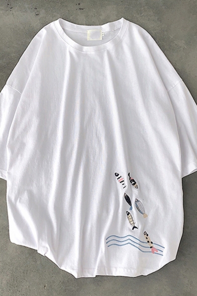 Fashionable Men's T-Shirt Fish Pattern Loose Fit Short Sleeve Round Neck T-Shirt