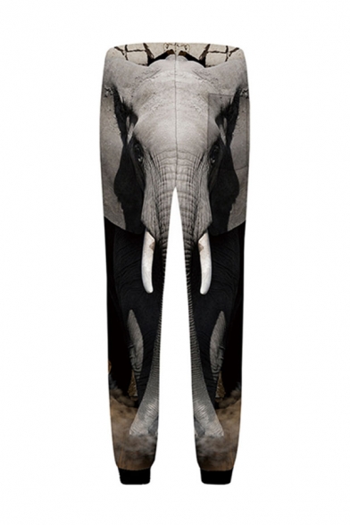 Fashionable Mens Elephant 3D Print Drawstring Full Length Regular Fit Cuffed Pants