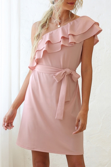 Formal Womens Solid Color Ruffled Oblique Shoulder Bow Tied Waist Short A-line Dress