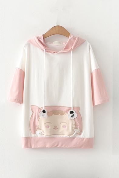 Hot Popular Womens Color Block Cartoon Cat Face Embroidery Printed Drawstring Hooded Short Sleeve Relaxed Fit Hoodie