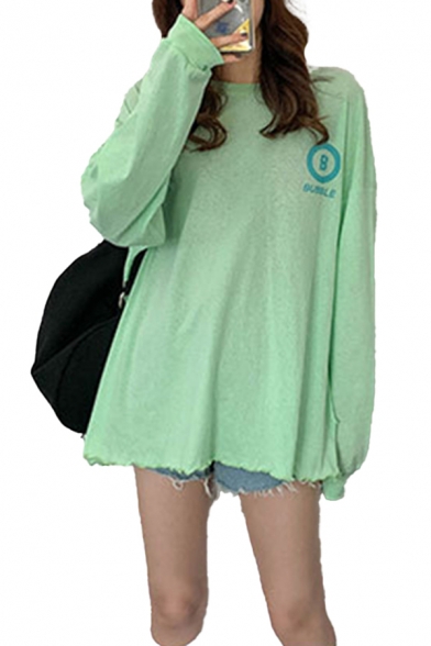 Korean Girls Letter Bubble Printed Stringy Selvedge Long Sleeve Round Neck Tunic Oversize T Shirt