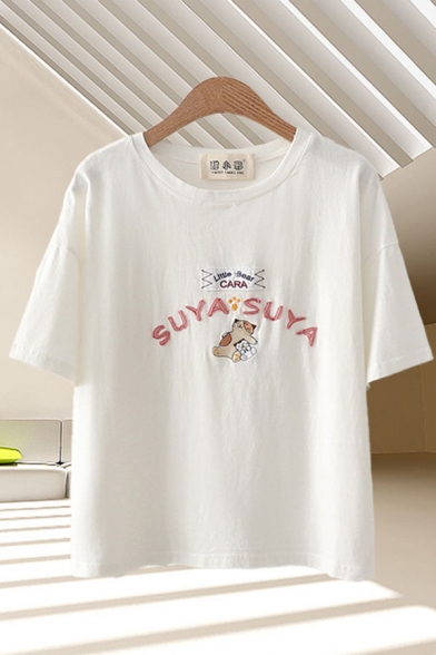 Letter Suya Cartoon Cat Embroidered Short Sleeve Crew Neck Relaxed Crop Simple T Shirt for Women