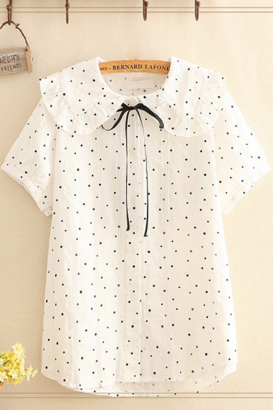 Lovely Girls Polka Dot Printed Short Sleeve Peter Pan Collar Button down Bow Tie Front Relaxed Shirt in White