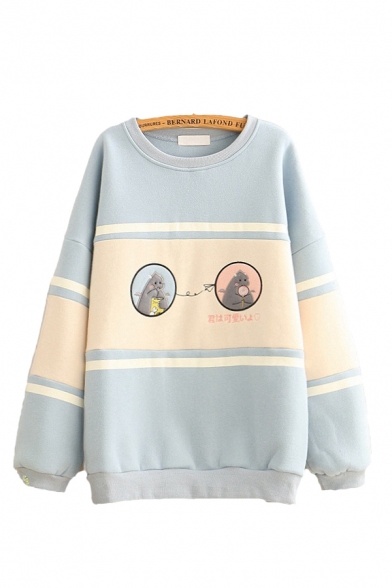 Lovely Girls Sherpa Liner Cartoon Embroidered Contrasted Long Sleeve Round Neck Long Relaxed Pullover Sweatshirt