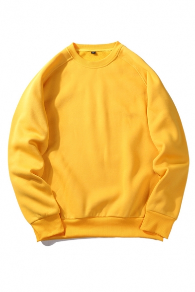 Mens Casual Solid Color Long Sleeve Regular Fit Round Neck Pullover Sweatshirt