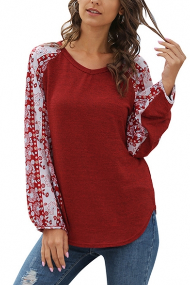 Popular Floral Printed Long Sleeve V-Neck Relaxed Fit T Shirt for Women