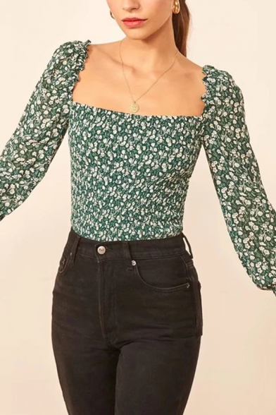 Popular Womens Ditsy Floral Printed Long Sleeve Square Neck Pintuck Fitted Tee Top in Green