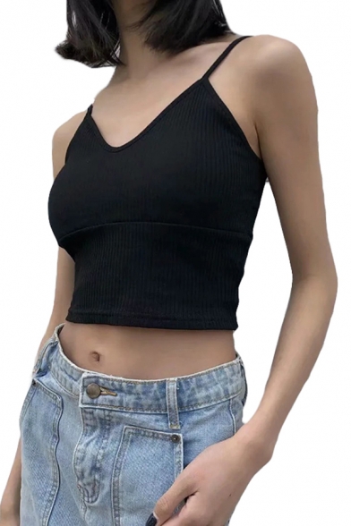 Popular Womens Knitted Spaghetti Straps V-neck Slim Fit Cropped Cami