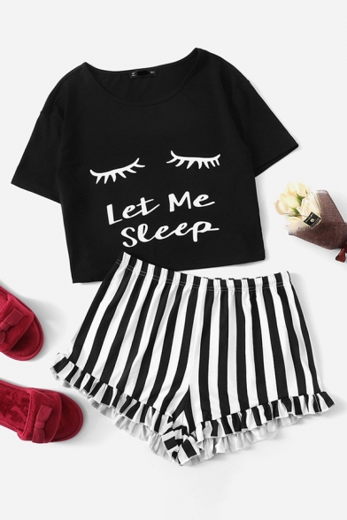 Popular Womens Letter Let Me Steep Cartoon Eyes Graphic Short Sleeve Round Neck Relaxed Crop Tee & Striped Stringy Selvedge Shorts Co-ords