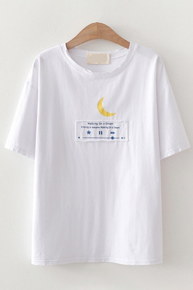 Preppy Girls Letter Moon Graphic Patched Short Sleeve Round Neck Relaxed Tee Top