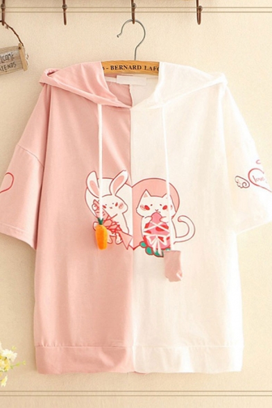 Preppy Girls Rabbit Cat Printed Colorblock Short Sleeve Drawstring Relaxed Hoodie