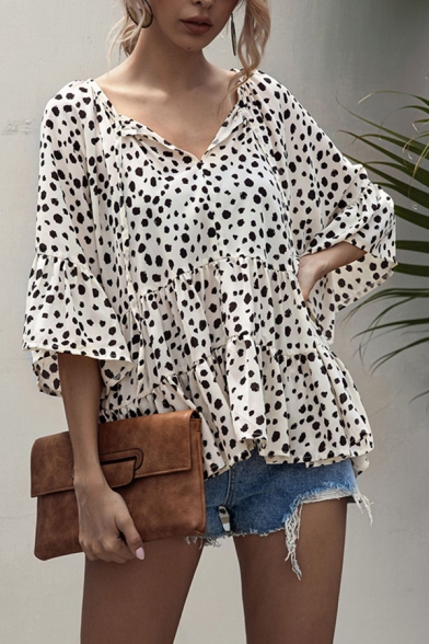 Pretty Womens Dalmatian Printed Bell 3/4 Sleeve V-neck Ruffled Trimmed Loose T Shirt
