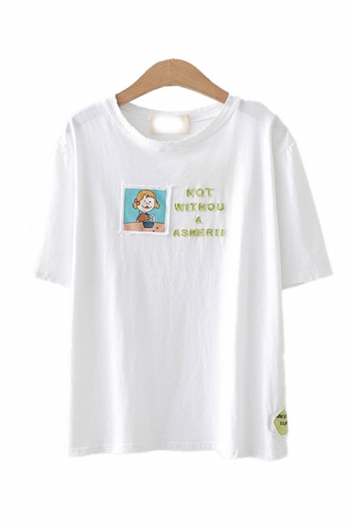 Simple Girls Letter Not With You A Asherii Embroidered Cartoon Patched Short Sleeve Round Neck Relaxed T Shirt
