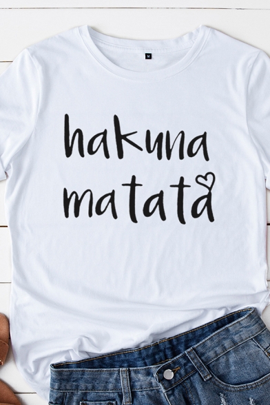 Simple Letter Hakuna Matata Heart Graphic Rolled Short Sleeve Crew Neck Regular Fit T-shirt for Women