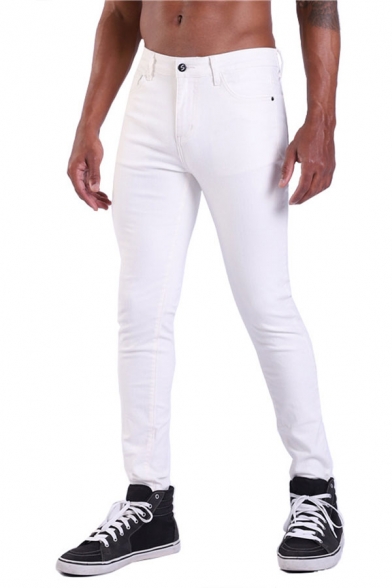 Simple Mens Solid Color Pocket Zipper Mid Rise Full Length Slim Fitted Jeans in White